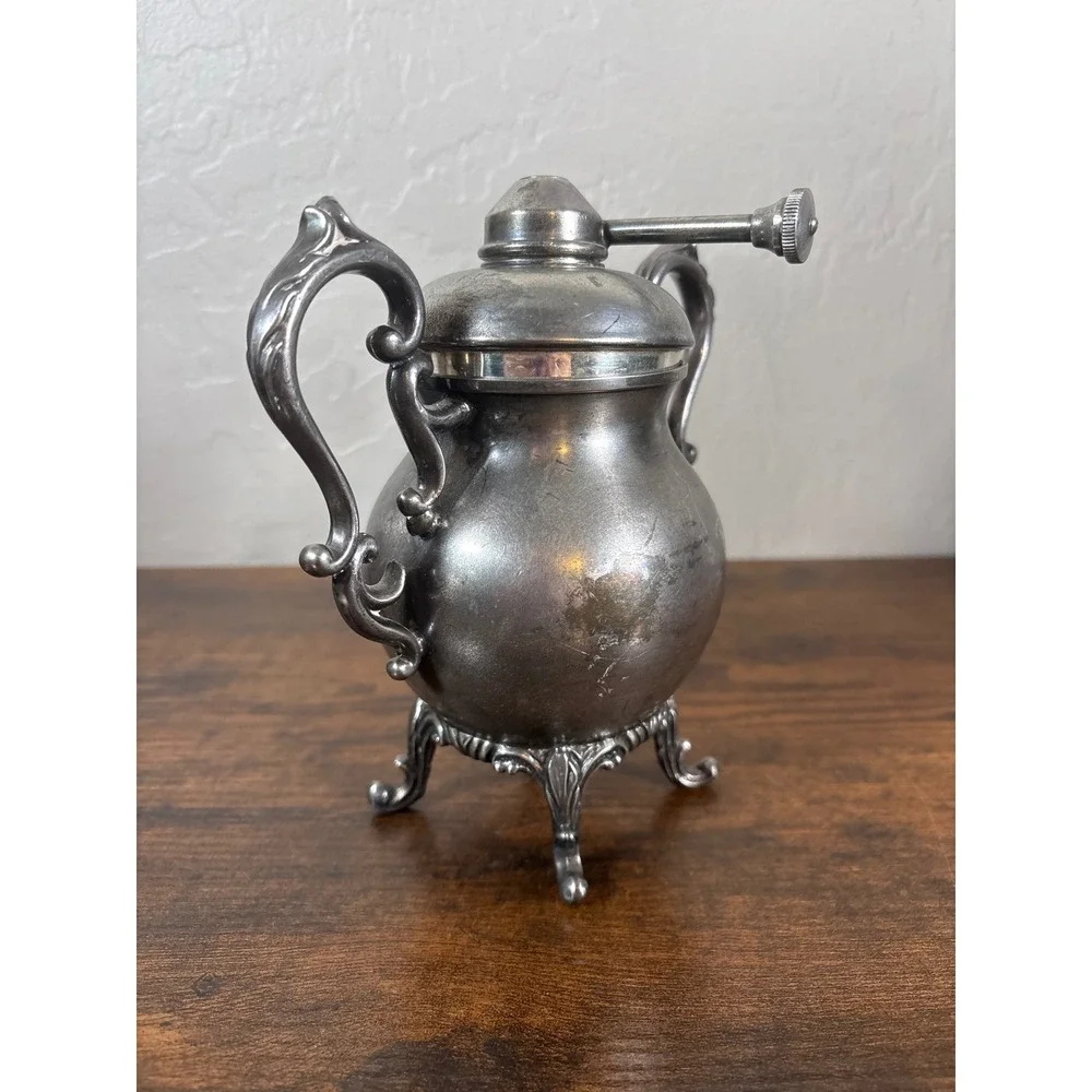 Antique Silver on Copper 5pc Tea Set Tilting Kettle Stand Victorian Ornate Hallm